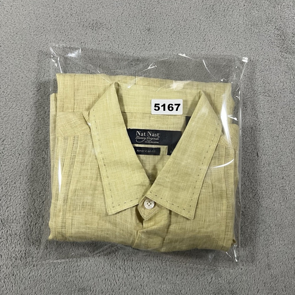 Nat Nast Shirt Mens Large Yellow Linen Button Up Short Sleeve Beach Preppy - Picture 12 of 12